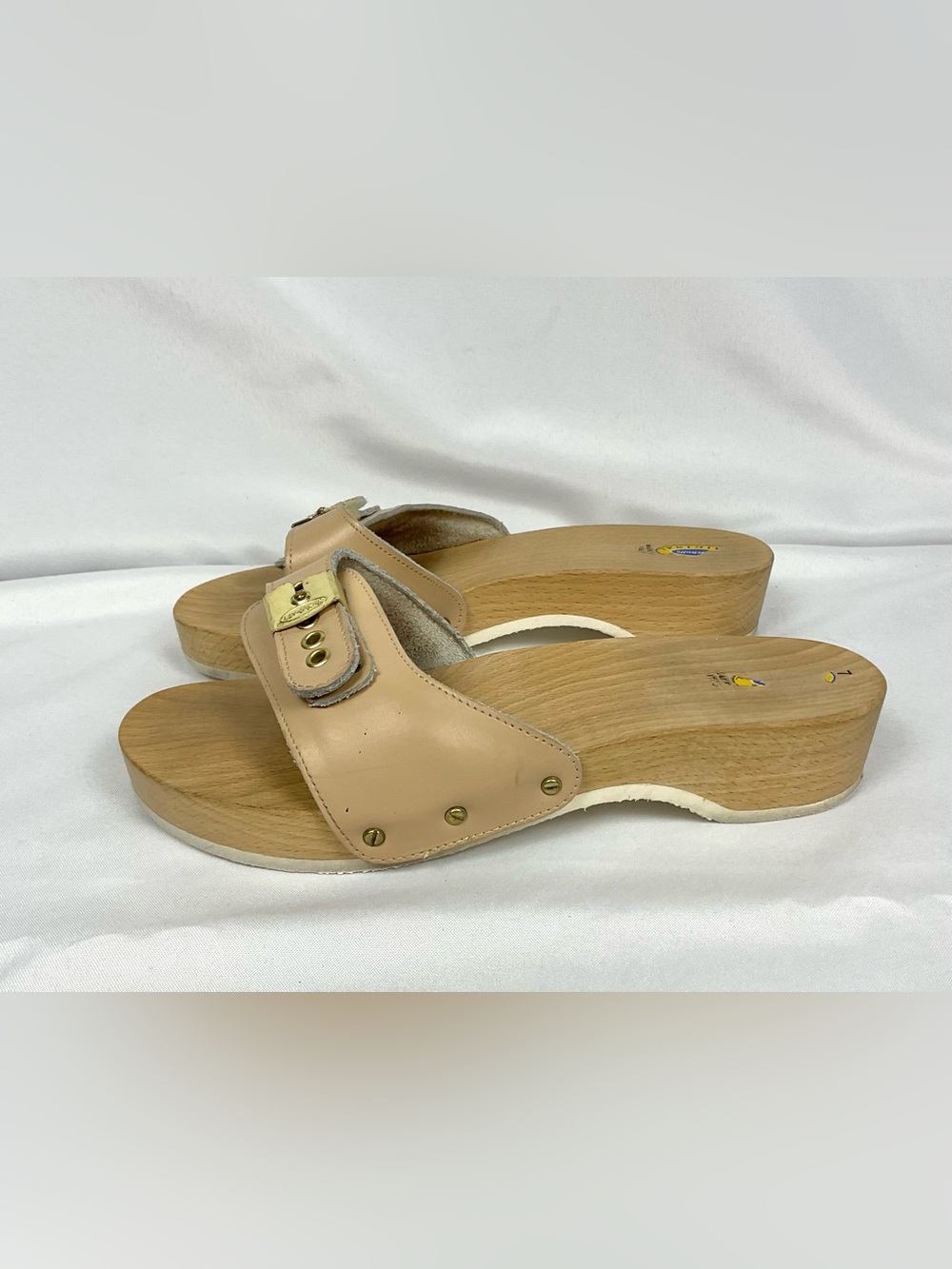 Vintage Dr. Scholl's Pescura Wood Sandals Tan Leather Italy Size 7 Original